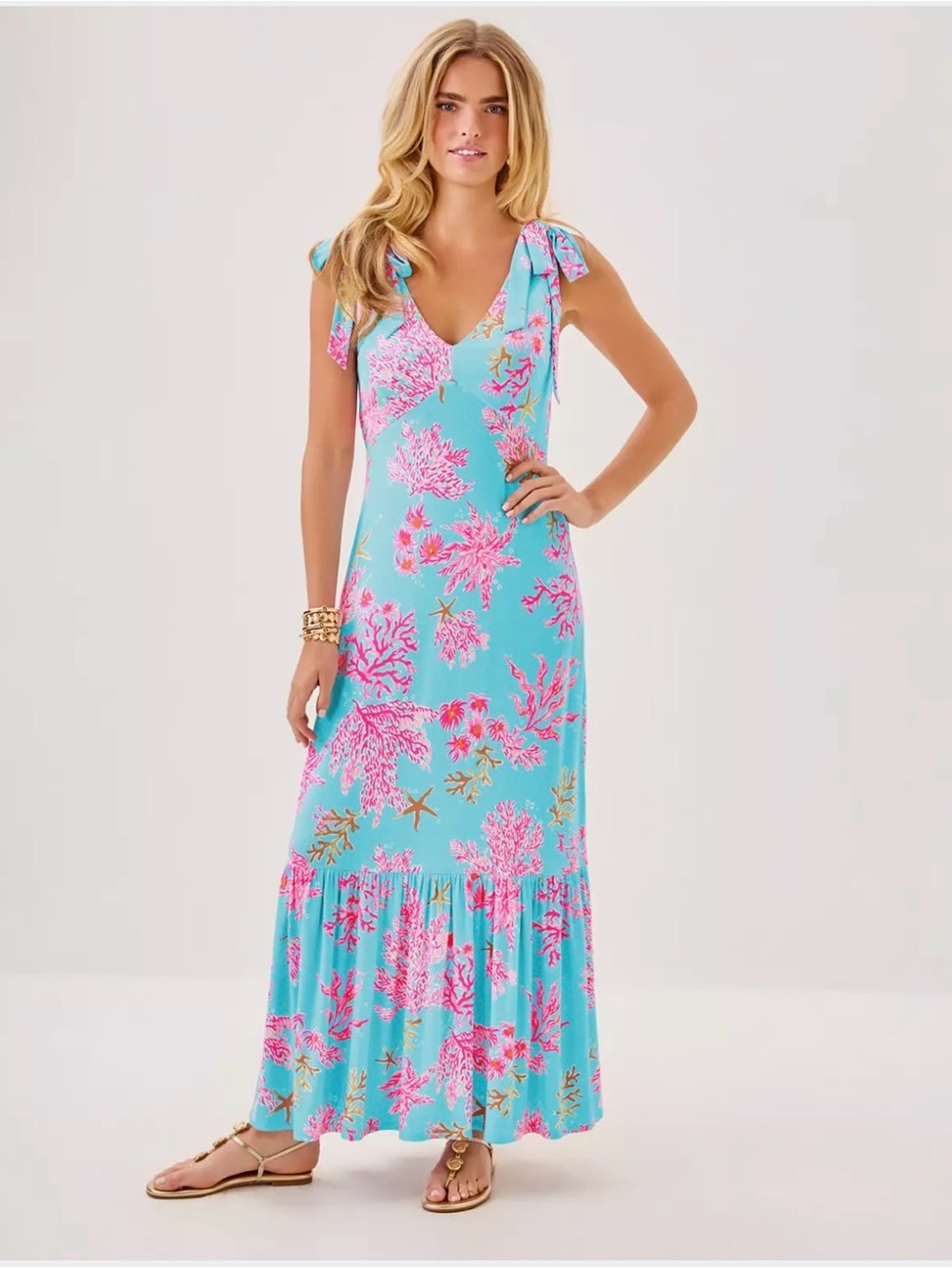 Lilly Pulitzer Aqua Maxi Dress with Pink Floral Print - Picture 1 of 3